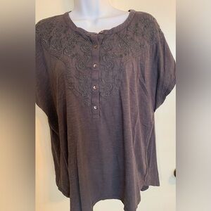 Lucky Brand Charcoal Embroidered Short Sleeve Top